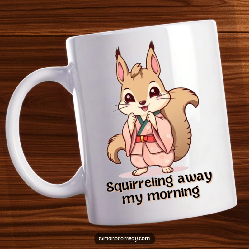 Funny Kawaii Squirrel Mug: A cute squirrel in a stylish kimono striking a confident pose, a humorous and fashionable gift.