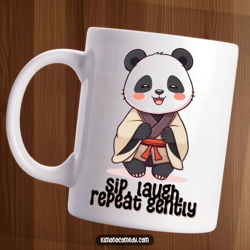 Funny ceramic mug depicting a dignified panda in a traditional kimono, sharing a warm, infectious laugh with a twinkle in its eye.