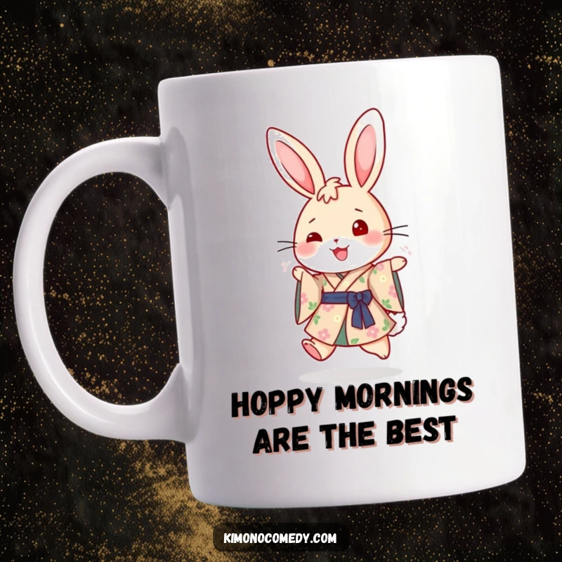 Funny ceramic mug showing a cheerful rabbit in a floral kimono, mid-hop, radiating pure, uncontainable joy and happiness.