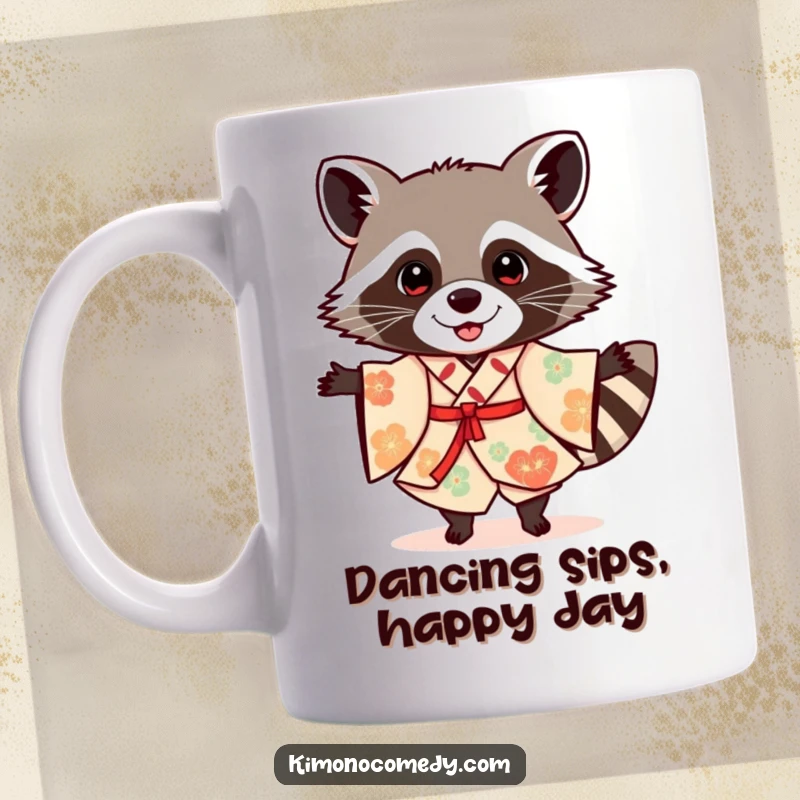 Funny, cheerful raccoon in a festive kimono, dancing with abandon on a mug, embodying party spirit and humor.