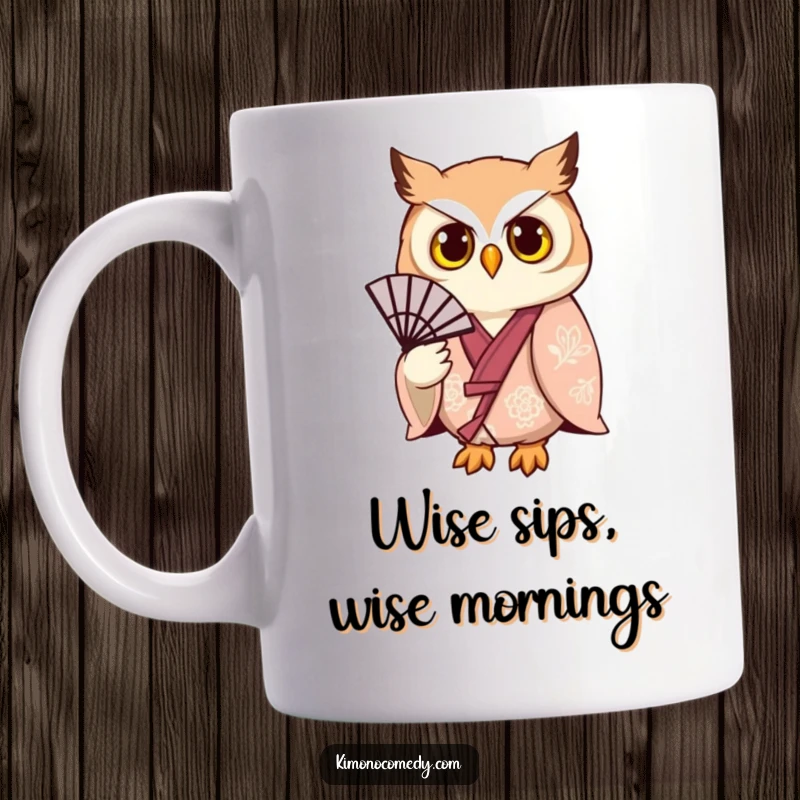 Funny owl in a stylish kimono gracefully holding a fan, exuding wisdom and a touch of humor on a mug.