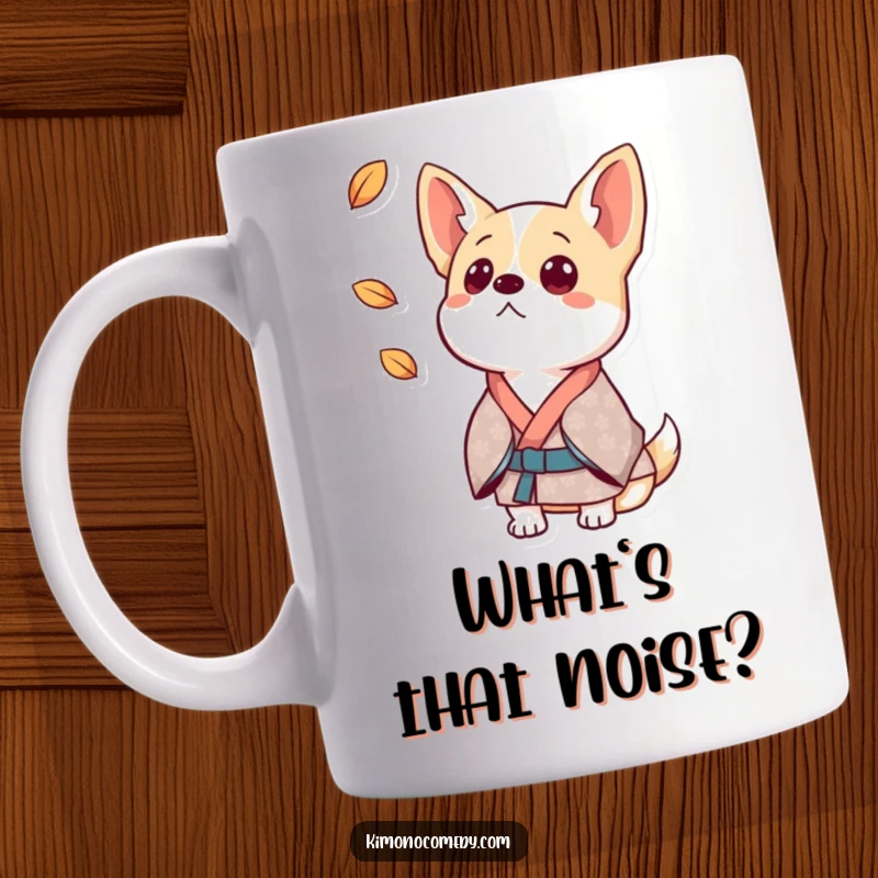 Funny dog mug showing a dog in a patterned kimono looking surprised, ears perked at a falling leaf.