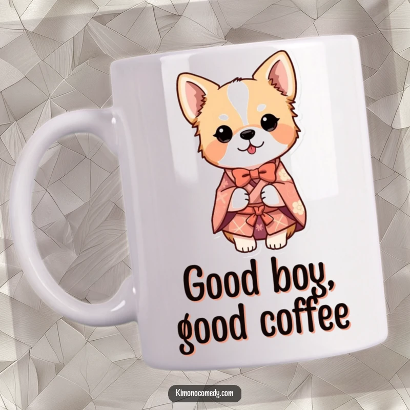 Funny dog wearing a detailed kimono and performing a respectful bow on a coffee mug, conveying politeness and humor.