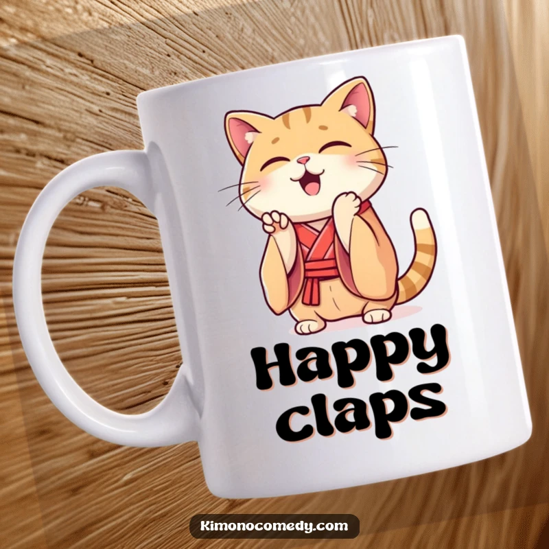 Funny Kawaii cat mug, wearing a silk kimono, enthusiastically clapping its paws together, cute and humorous feline celebration.