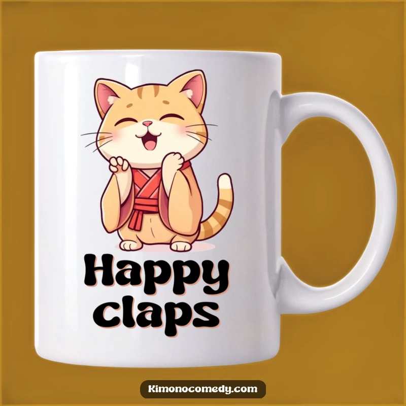 Funny Kawaii Cat Kimono Mug: Enthusiastic Claps, Perfect Funny Gift!
