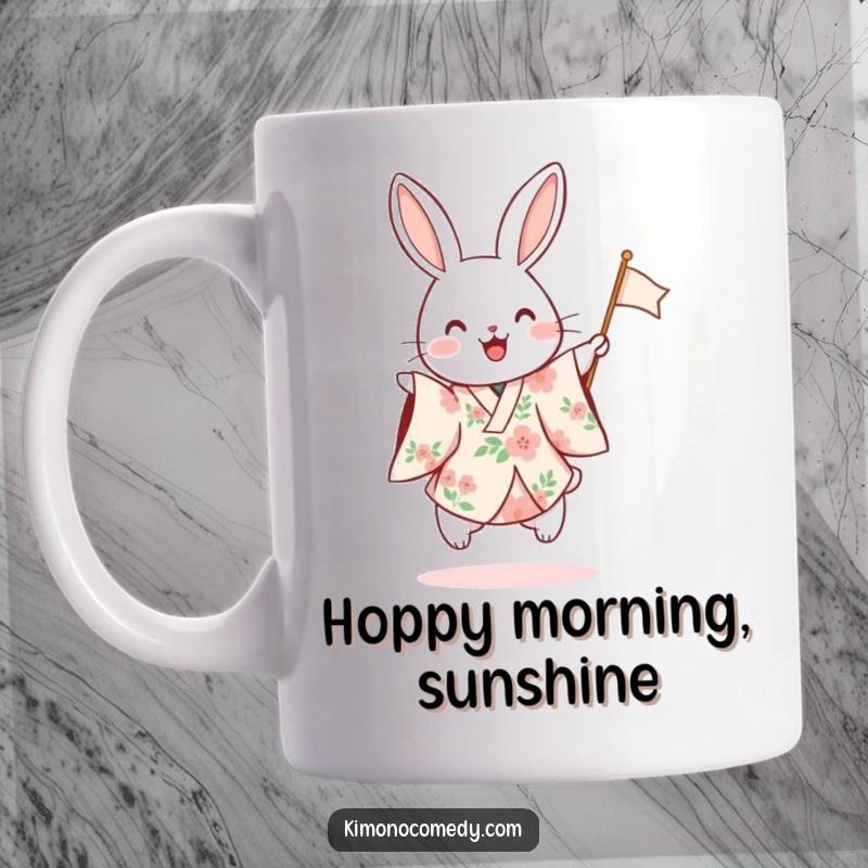 Funny mug featuring a rabbit in a floral kimono excitedly hopping and waving a small flag, radiating pure joy and festivity.