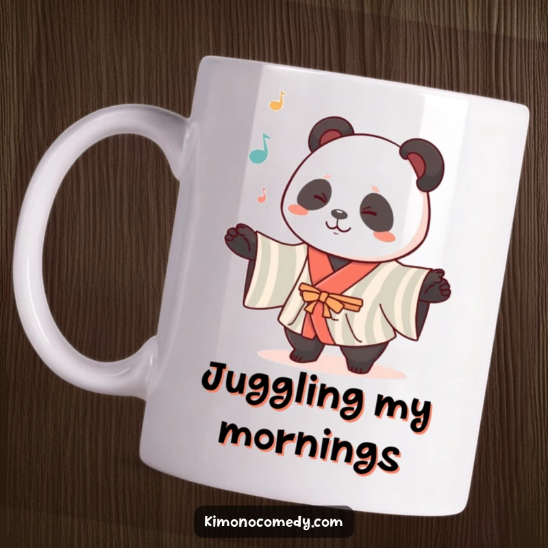 Funny Kawaii Panda Mug: A cute panda in a striped kimono expertly juggles, showcasing playful dexterity and charm.