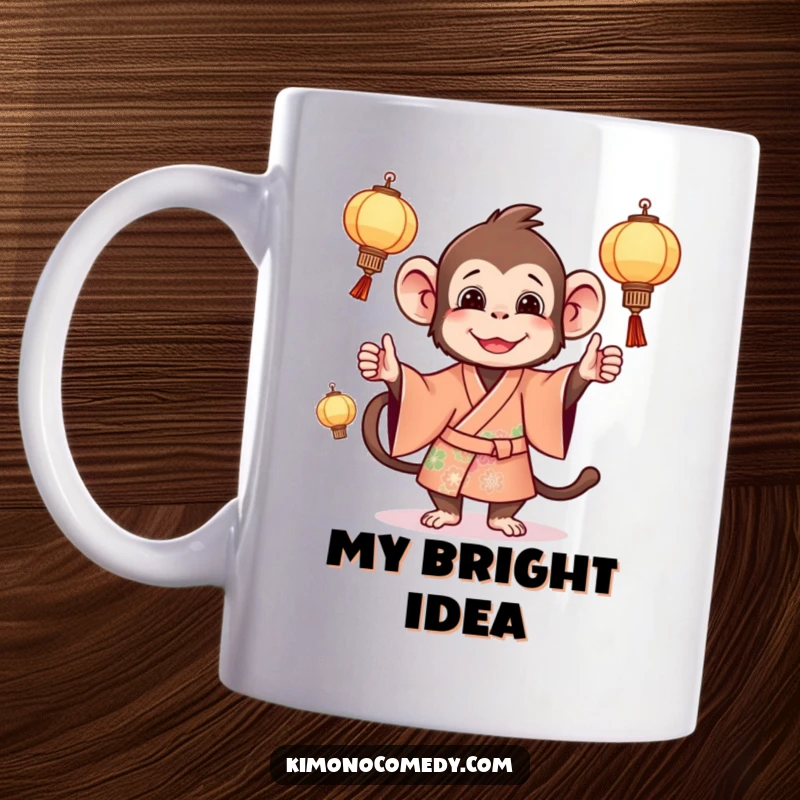 Funny monkey mug showcasing a playful primate in a bright kimono, expertly juggling glowing miniature lanterns.