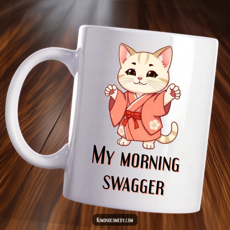 Funny Mug: A sophisticated cat in a traditional kimono strikes a chic pose, exuding confidence and feline charm.