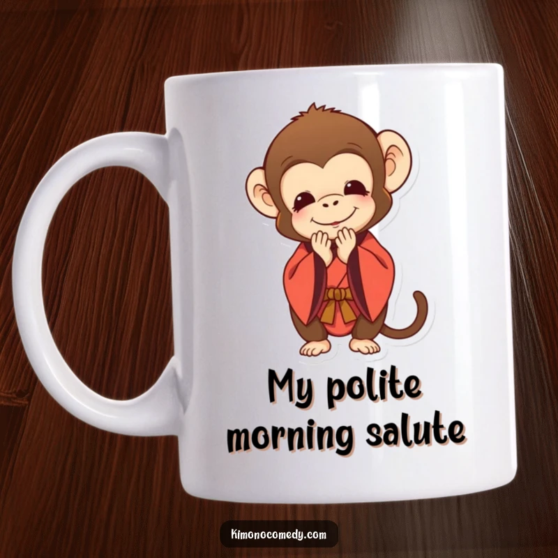 Funny mug featuring a monkey in a traditional kimono bowing deeply with a serene, polite smile, embodying respect and humor.