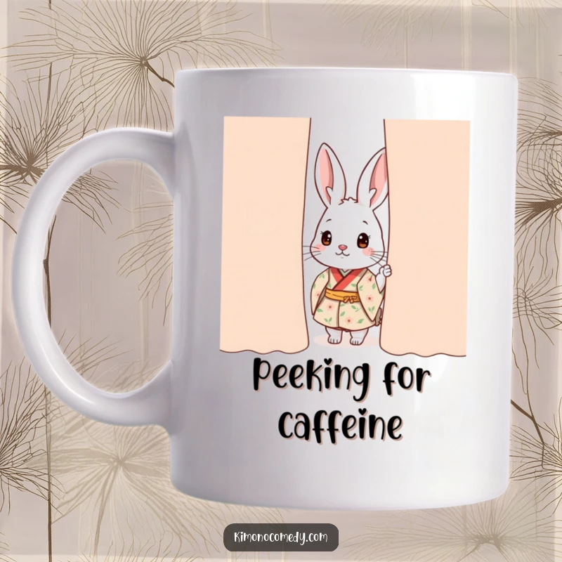 Funny kawaii rabbit mug, wearing a floral kimono, curiously peeking from behind a curtain with wide, innocent eyes.