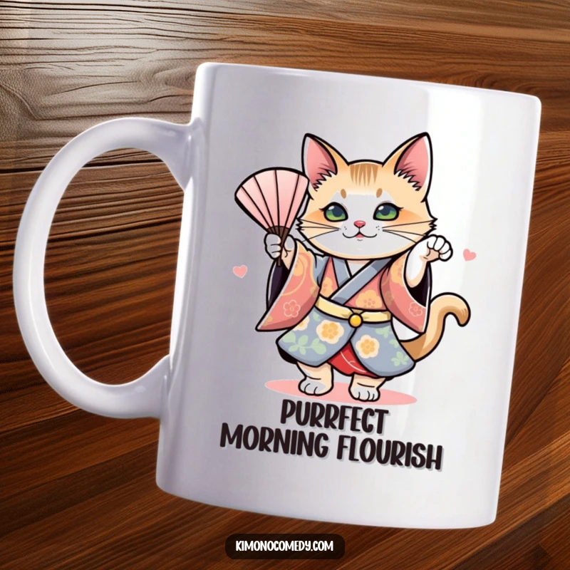 Funny mug showcasing a cat in a vibrant kimono performing an elegant fan dance with dramatic flair and expressive eyes.