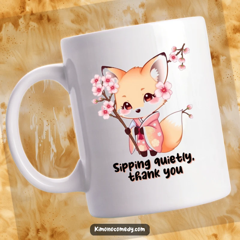 Funny Kawaii Fox Mug: Shy character in a beautiful kimono, peeking from behind a cherry blossom, exuding gentle curiosity and charm.