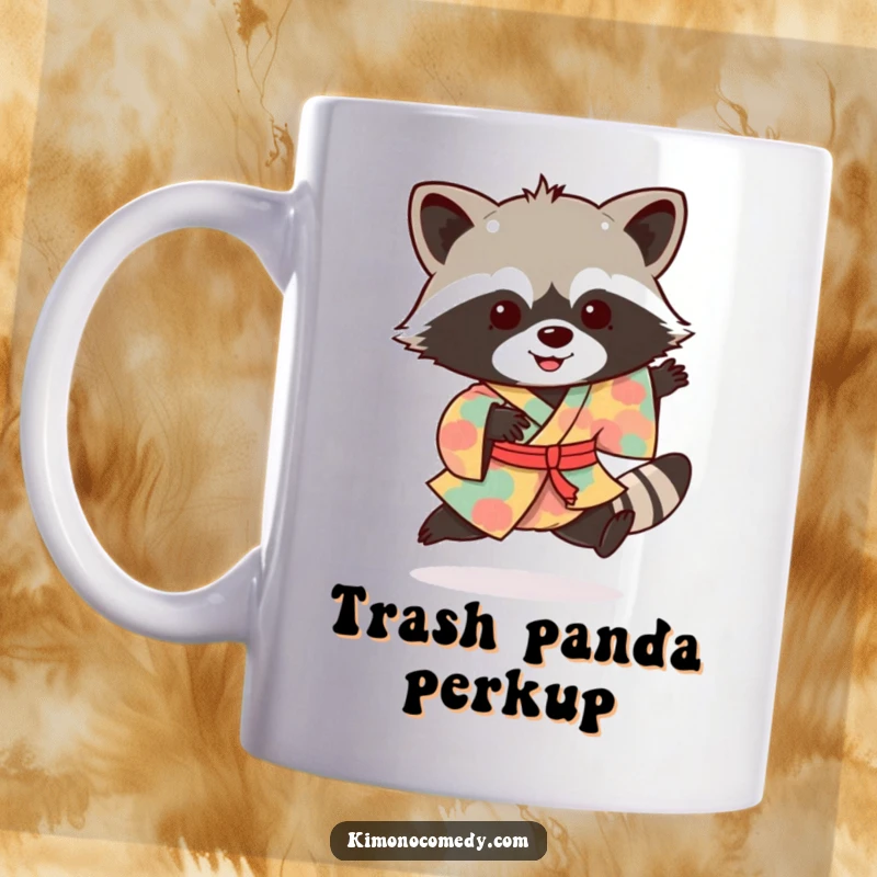 Funny raccoon mug showing a cheerful bandit in a colorful kimono doing an excited little hop, full of personality.