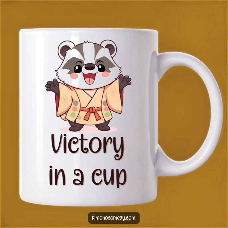 Funny Kawaii Badger Mug: Triumphant Pose & Humorous Kimono Fox Gift