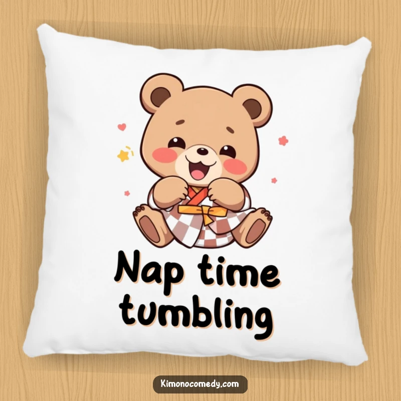 Funny kawaii bear in a checkered kimono, tumbling with sheer delight, as a plush and decorative pillow.