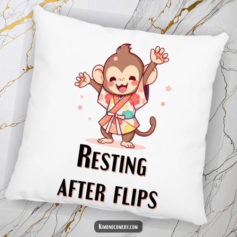 Funny Kawaii Monkey Pillow: A soft cushion with a cute monkey in a kimono executing a dynamic flip.
