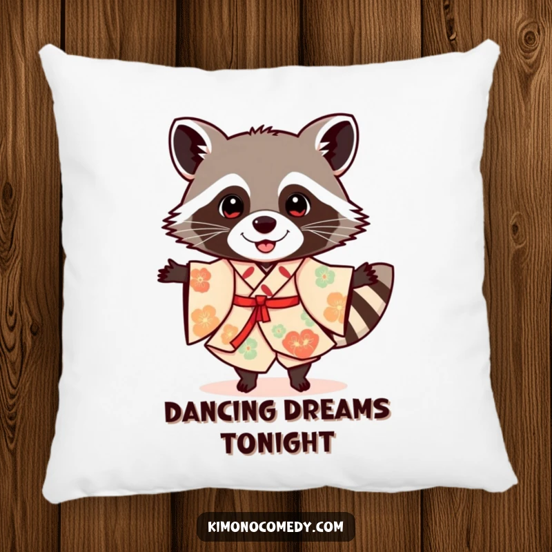 Funny raccoon in a festive kimono, dancing, designed on a comfortable pillow for humorous and cozy home accents.