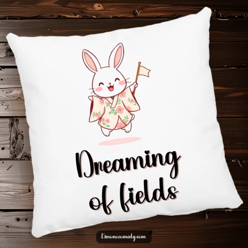 Funny pillow featuring a rabbit in a floral kimono hopping excitedly and waving a small flag, providing comfort with festive humor.