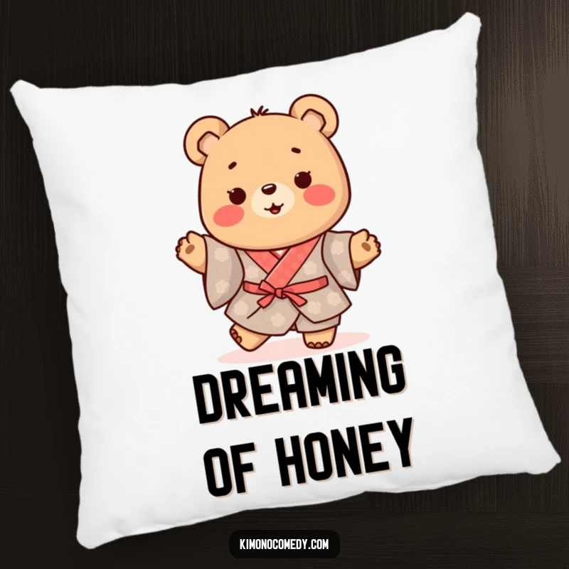 Funny Kawaii Bear Pillow: Happy character in a traditional kimono, doing a little happy shuffle, providing cozy comfort and cheerful vibes.