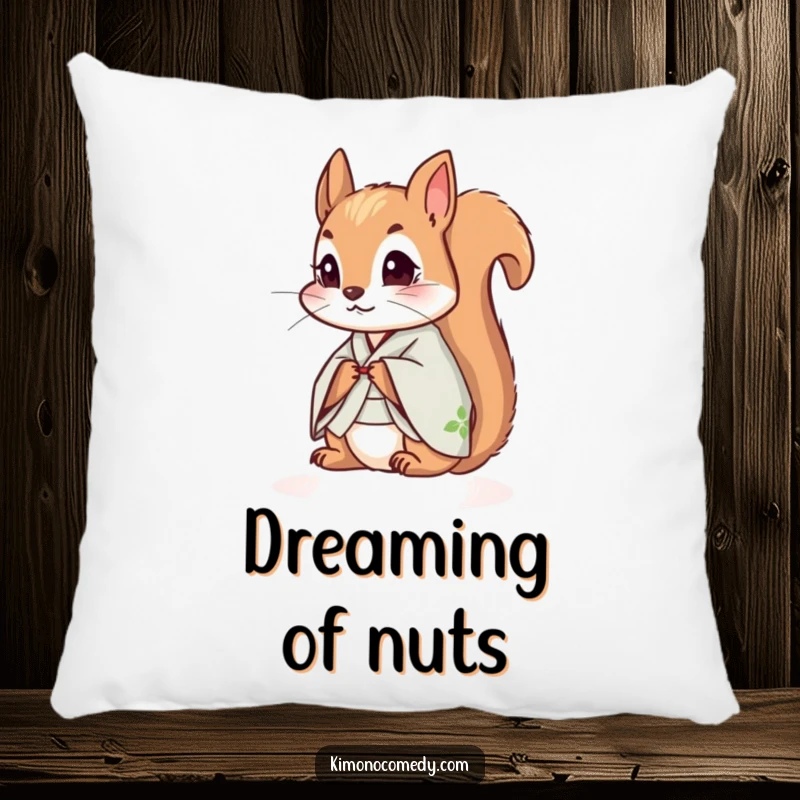 Funny squirrel in a kimono, looking curious, designed on a comfortable pillow for humorous and cozy home accents.