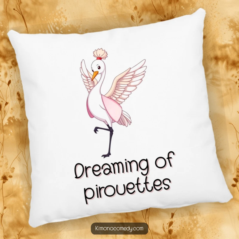 Funny crane in a flowing kimono dancing gently, cute decorative pillow, soft cushion, perfect humorous gift for relaxation.