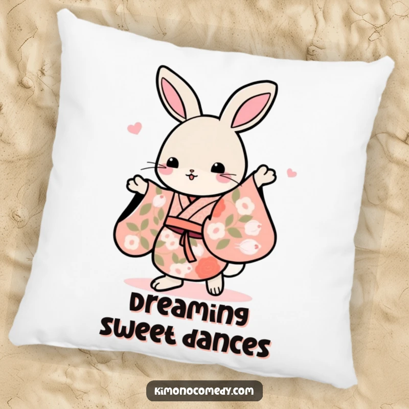 Funny Kawaii rabbit in a floral kimono, dancing gracefully, makes this pillow a soft and joyfully humorous statement.
