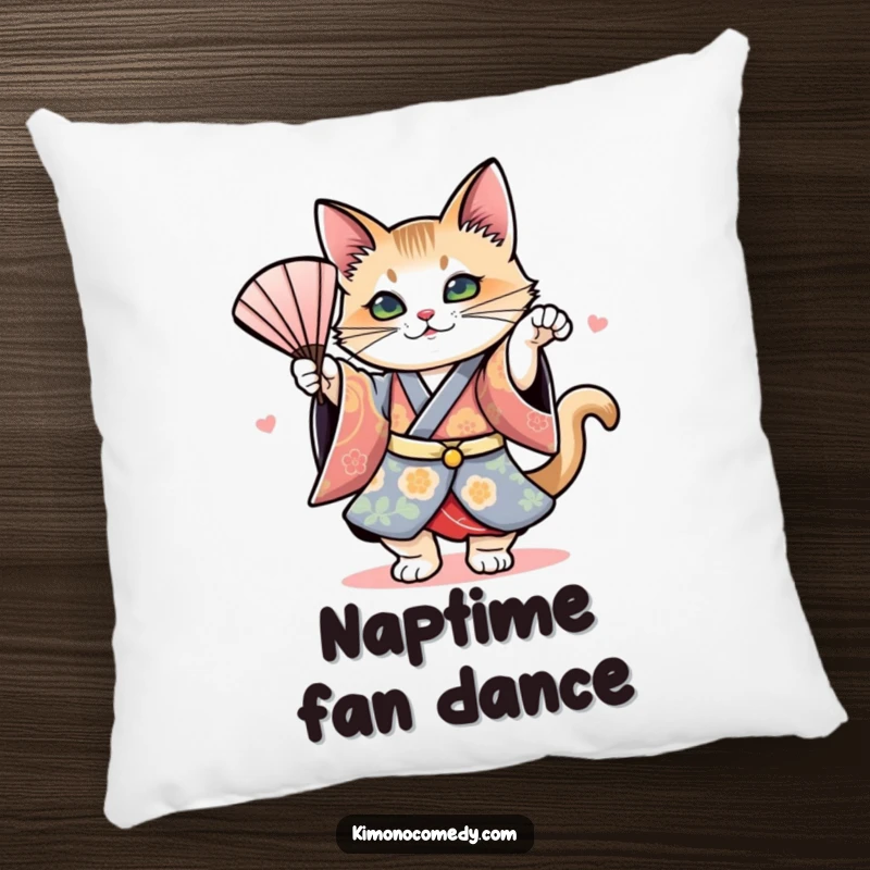Funny pillow showcasing a cat in a colorful kimono engaged in a dramatic fan dance, providing comfort with artistic humor.