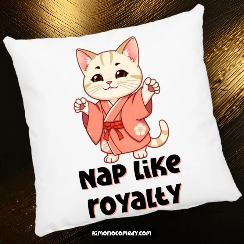 Funny Pillow: A stylish cat in traditional kimono strikes a confident pose, offering plush comfort and chic feline humor.