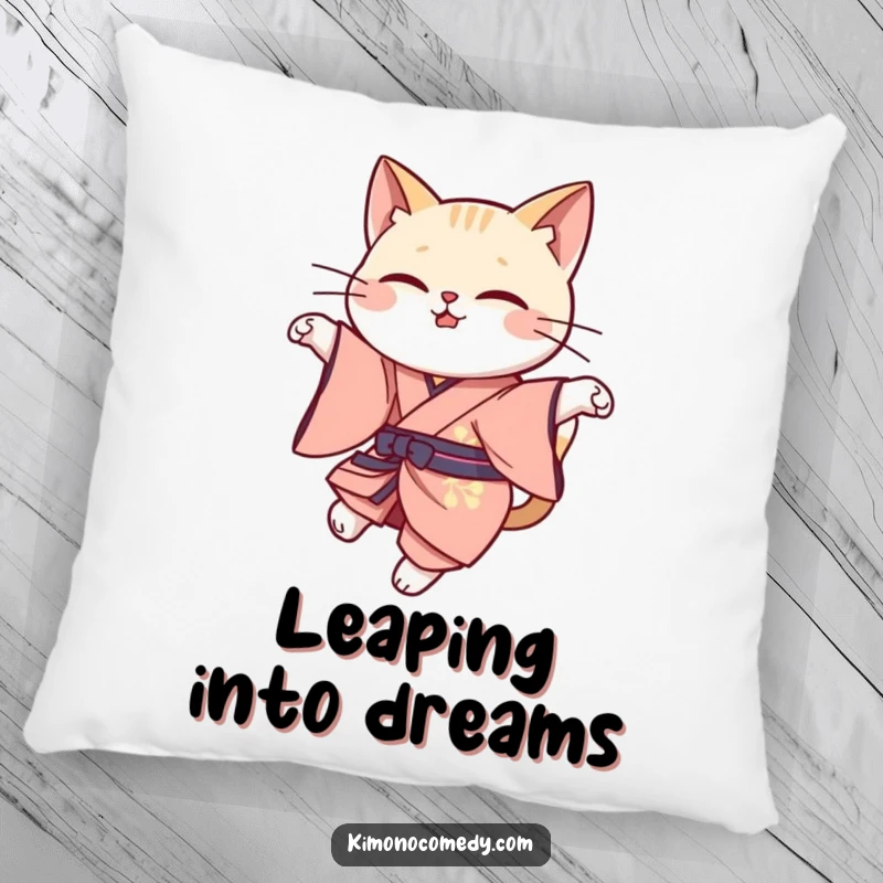 Funny cat leap pillow featuring a kawaii cat in elegant kimono attire, gracefully leaping, perfect for cozy, stylish decor.
