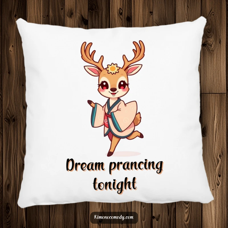 Funny pillow featuring a smiling kawaii deer in an elegant kimono, gracefully prancing with a look of pure, refined joy.