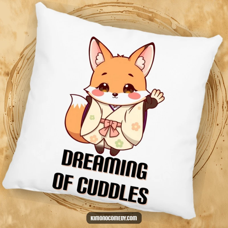 Funny Pillow: A cheerful fox in a flowing kimono waves happily, providing soft comfort and a dose of woodland humor.
