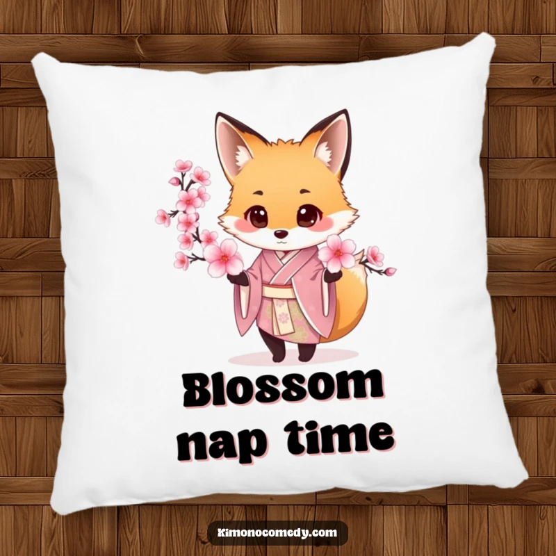 Funny Fox Kimono Pillow with a fox in a silk kimono offering a cherry blossom, providing comfort and refined charm.