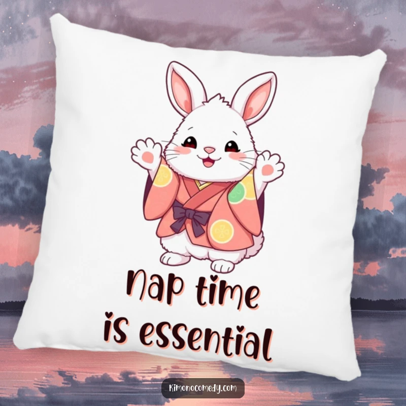 Funny Kawaii Bunny Pillow: Fluffy character in a vibrant kimono, excitedly waving paws, providing ultimate comfort and a cute decorative accent.