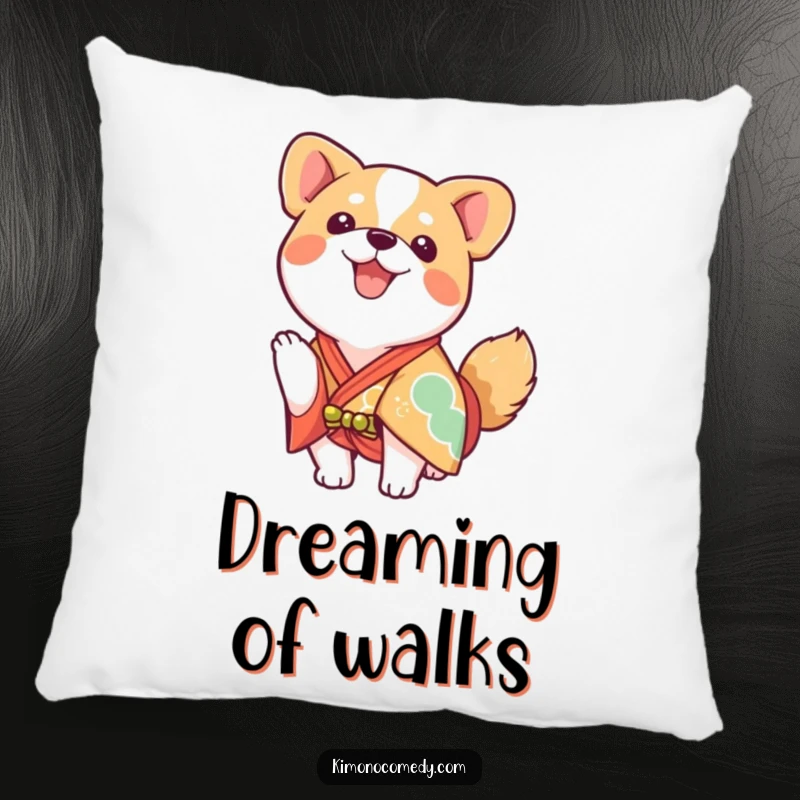 Funny kawaii dog in a bright kimono, wagging tail enthusiastically, soft decorative pillow.