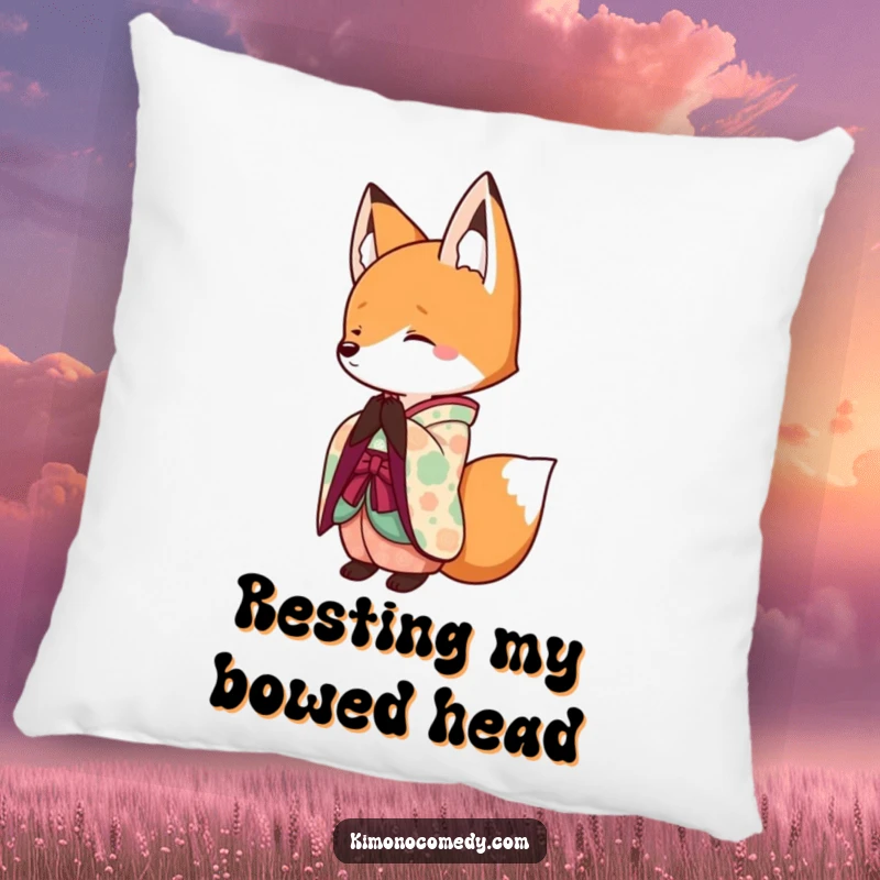 Funny Kawaii Fox Pillow: A soft pillow featuring a smiling fox in a colorful kimono, bowing, a cute and humorous accent.