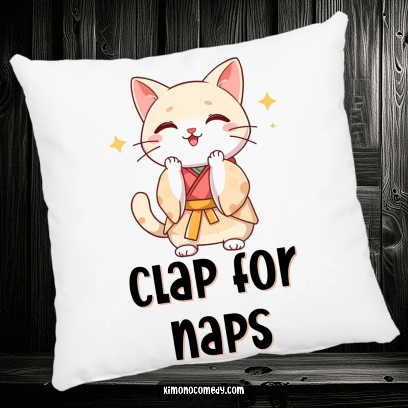 Funny Kawaii cat in a silk kimono clapping paws enthusiastically, soft and plush decorative pillow for a cheerful accent.