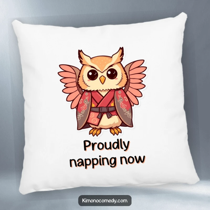 Funny kawaii owl wearing a regal kimono, comically proud, soft decorative pillow for sofas.