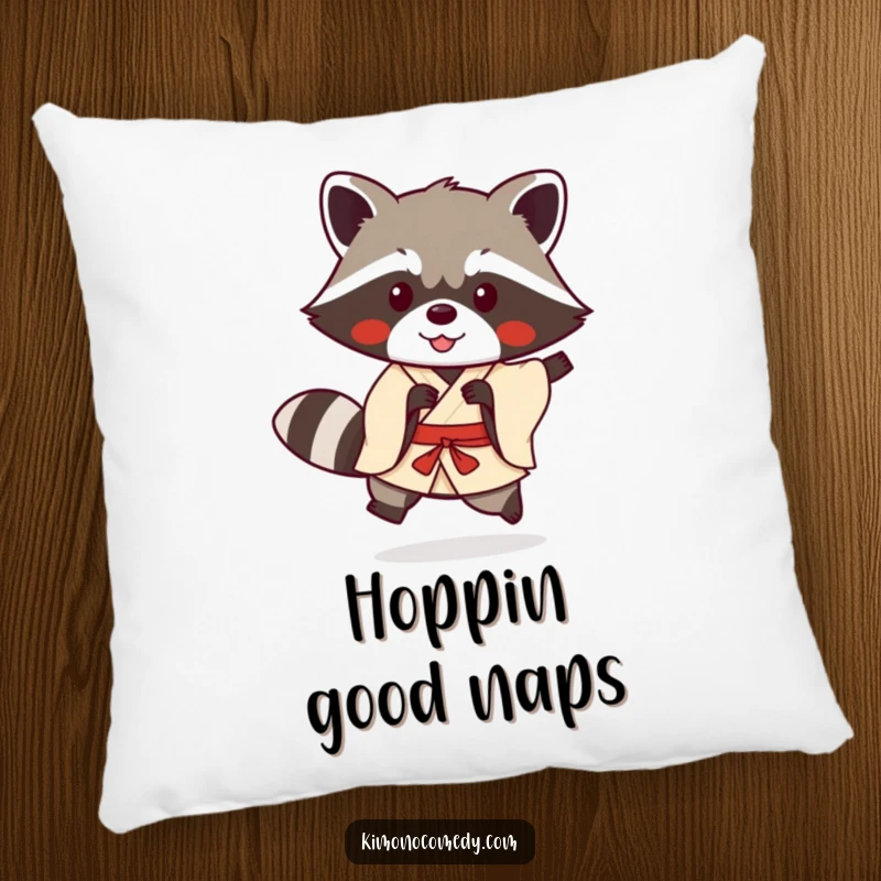 Funny kawaii raccoon in a simple kimono doing a playful hop on a plush pillow, offering humorous anime-inspired comfort.