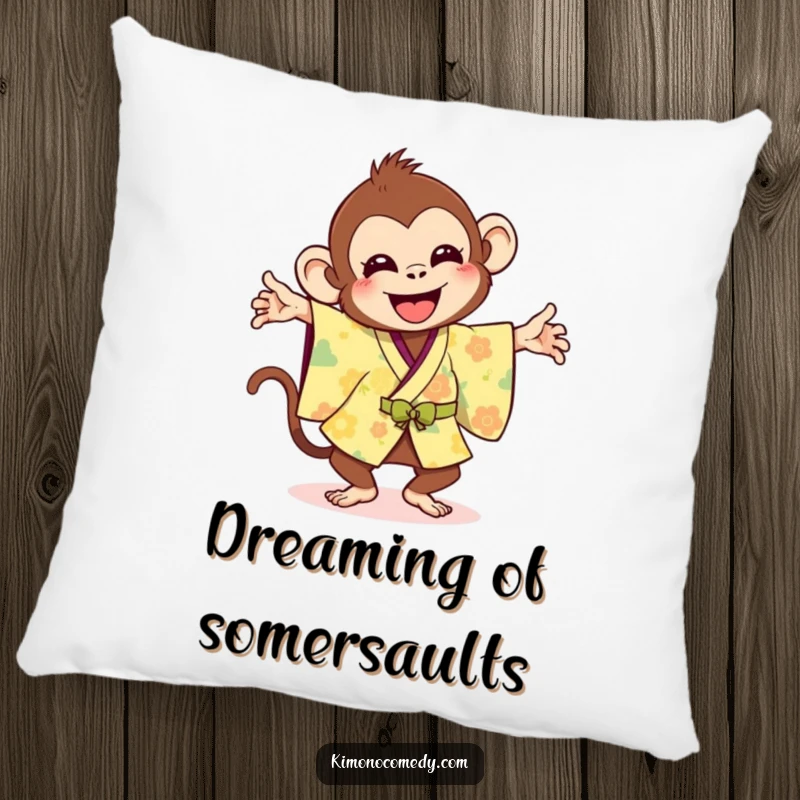 Funny pillow featuring a joyful monkey in a bright kimono doing a silly flip, offering comfort and humor.