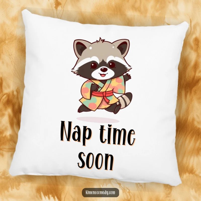 Funny raccoon pillow featuring a happy bandit in a stylish kimono, doing an energetic hop for added charm.