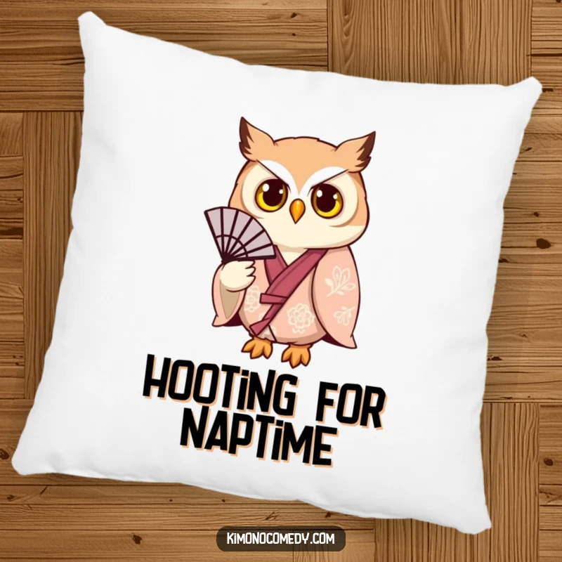 Funny owl in a kimono, holding a fan, designed on a comfortable pillow for a touch of humorous and stylish home decor.