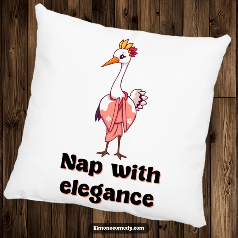 Funny pillow with a graceful kawaii crane in an elegant kimono performing a charming bow with a flourish, offering comfort and elegant decor.