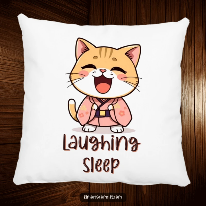 Funny Kawaii cat in a formal kimono laughing hysterically, soft and plush decorative pillow for a cheerful accent.