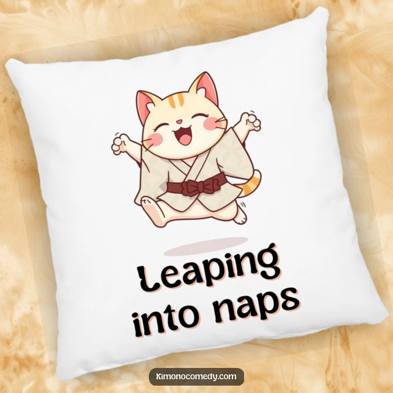 Funny cheerful kawaii cat in a patterned kimono, performing a graceful leap, as a plush decorative pillow.