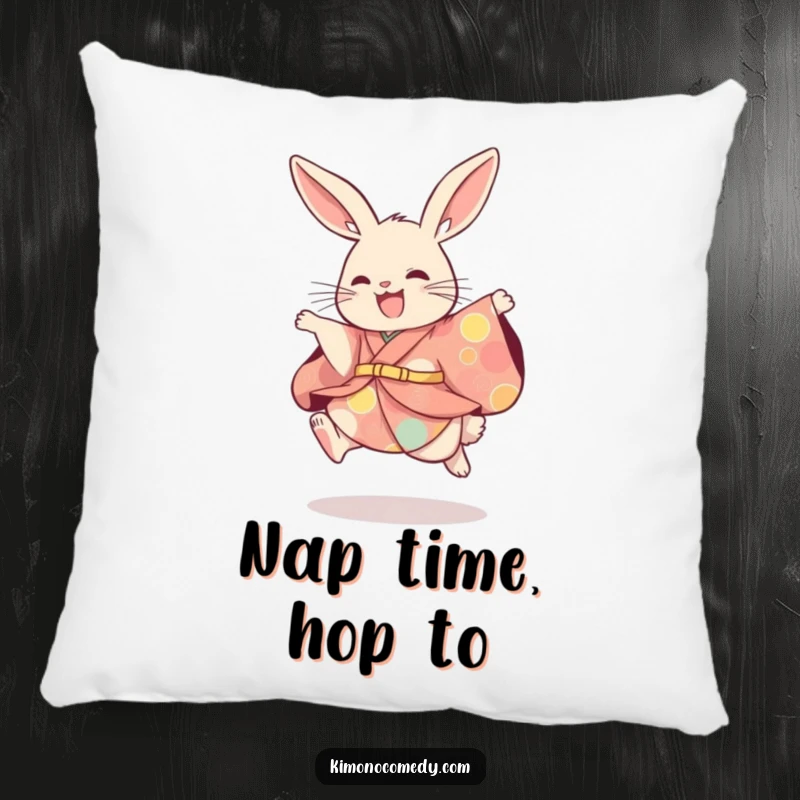 Funny rabbit wearing a colorful kimono, depicted in a playful, bouncy leap. A soft and humorous decorative pillow.