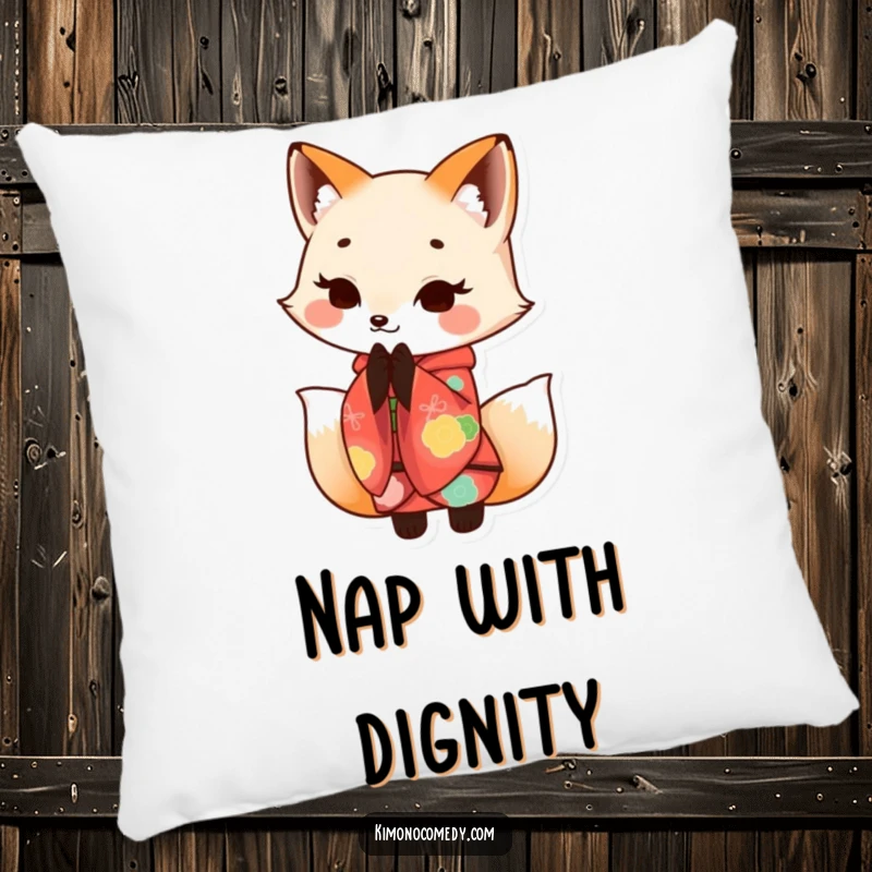 Funny Kawaii fox in a colorful kimono, bowing with a smile, makes this pillow a soft and elegantly humorous statement.