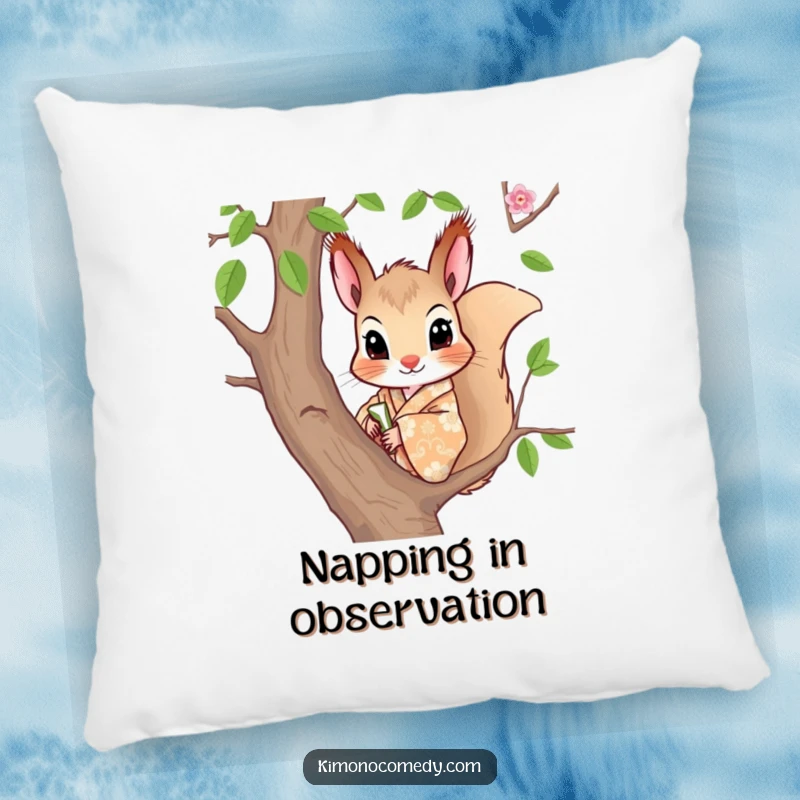 Funny pillow featuring a curious squirrel in a patterned kimono, peeking from a tree, offering cozy style and humor.