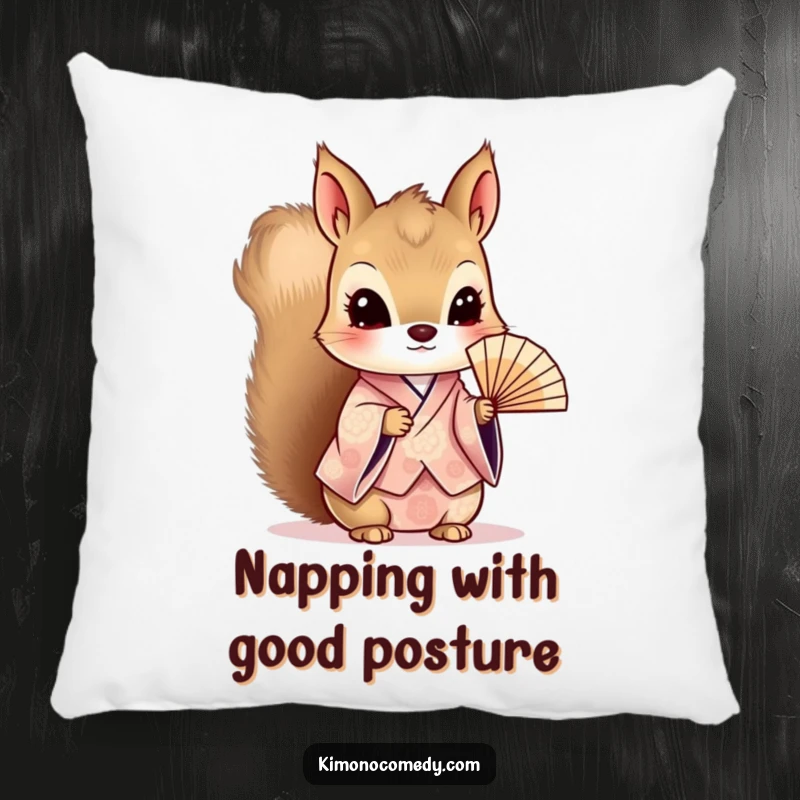 Funny Kawaii Squirrel Pillow: Curious character in a patterned kimono, holding a delicate fan, providing cozy comfort and gentle aesthetics.