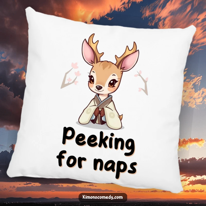 Funny Deer Kimono Pillow with a deer curiously peeking from an elegant kimono, offering comfort and subtle charm.